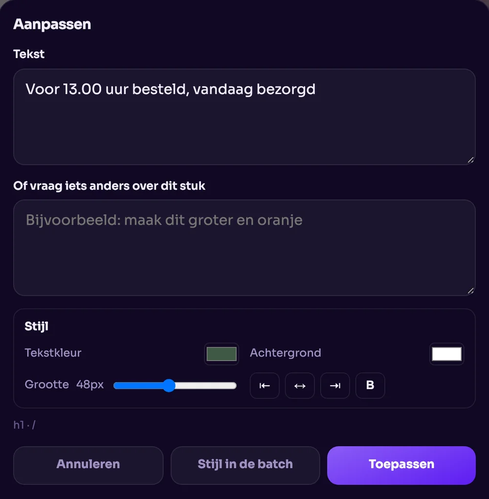 Bewerk in de preview: de tekst van de kop aanpassen, met kleur, grootte en uitlijning erbij.
