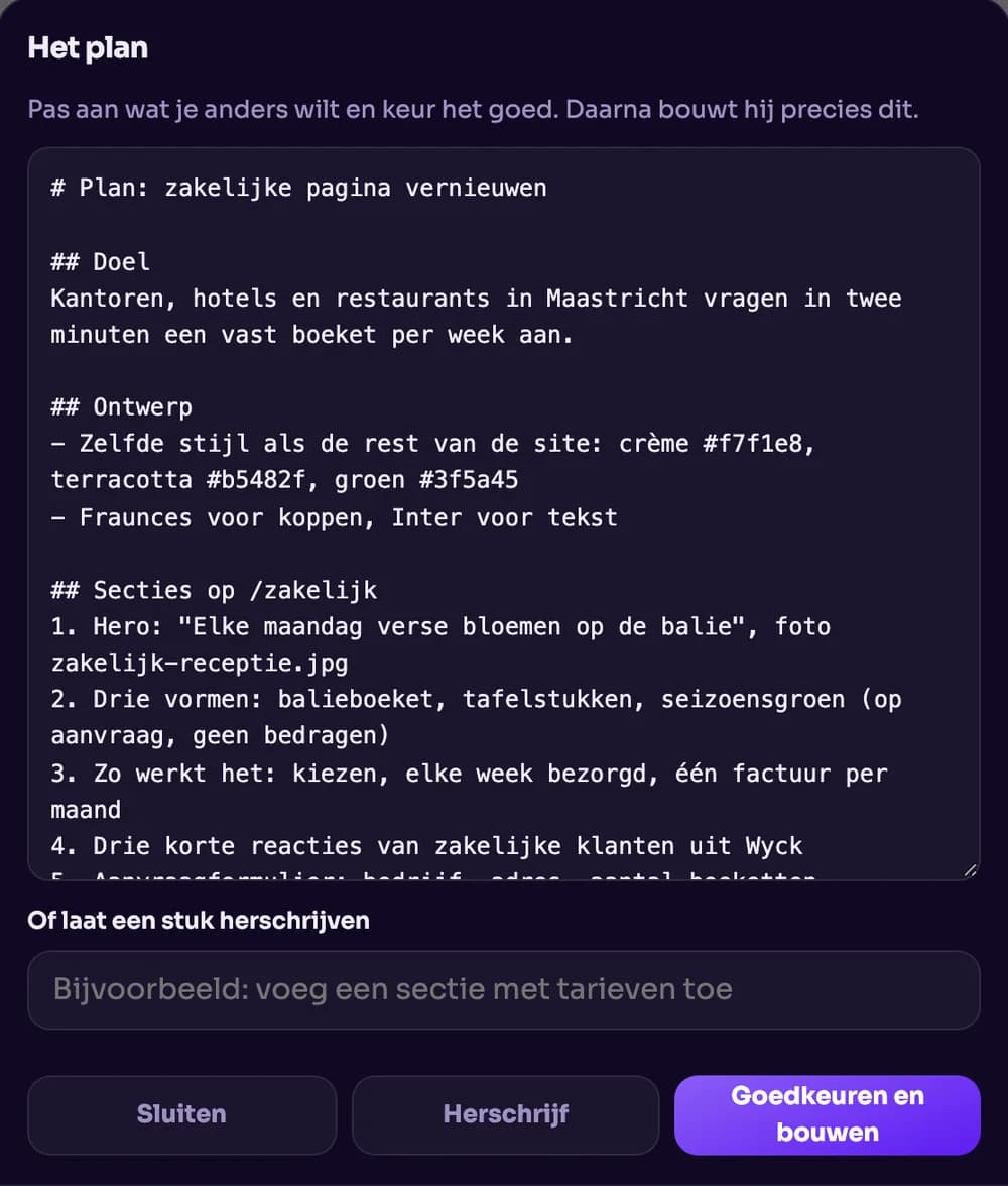 Het planvenster: het plan aanpassen, laten herschrijven of goedkeuren en bouwen.