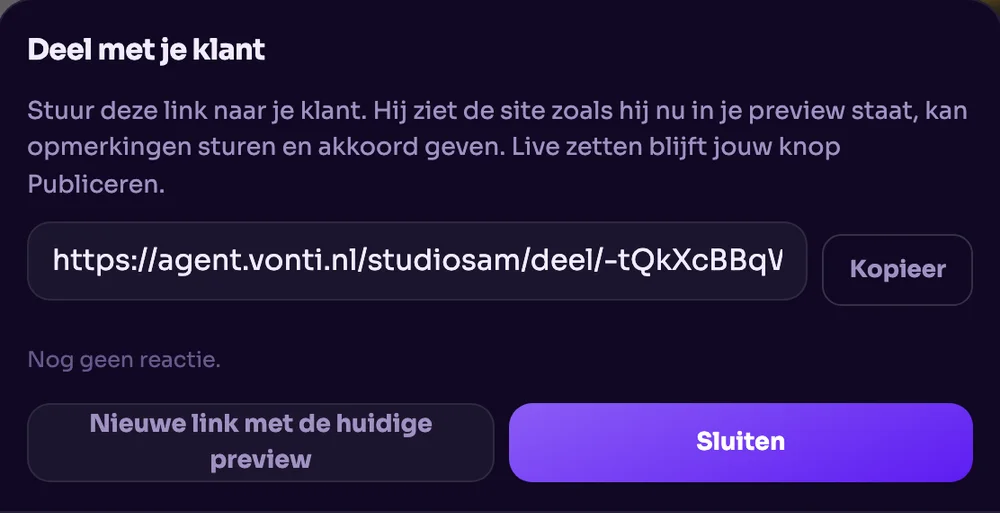 Deel met je klant: de link naar de preview, met de reacties van je klant eronder.