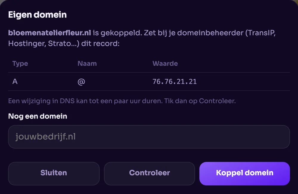 Eigen domein gekoppeld, met het A-record dat bij de domeinbeheerder moet.