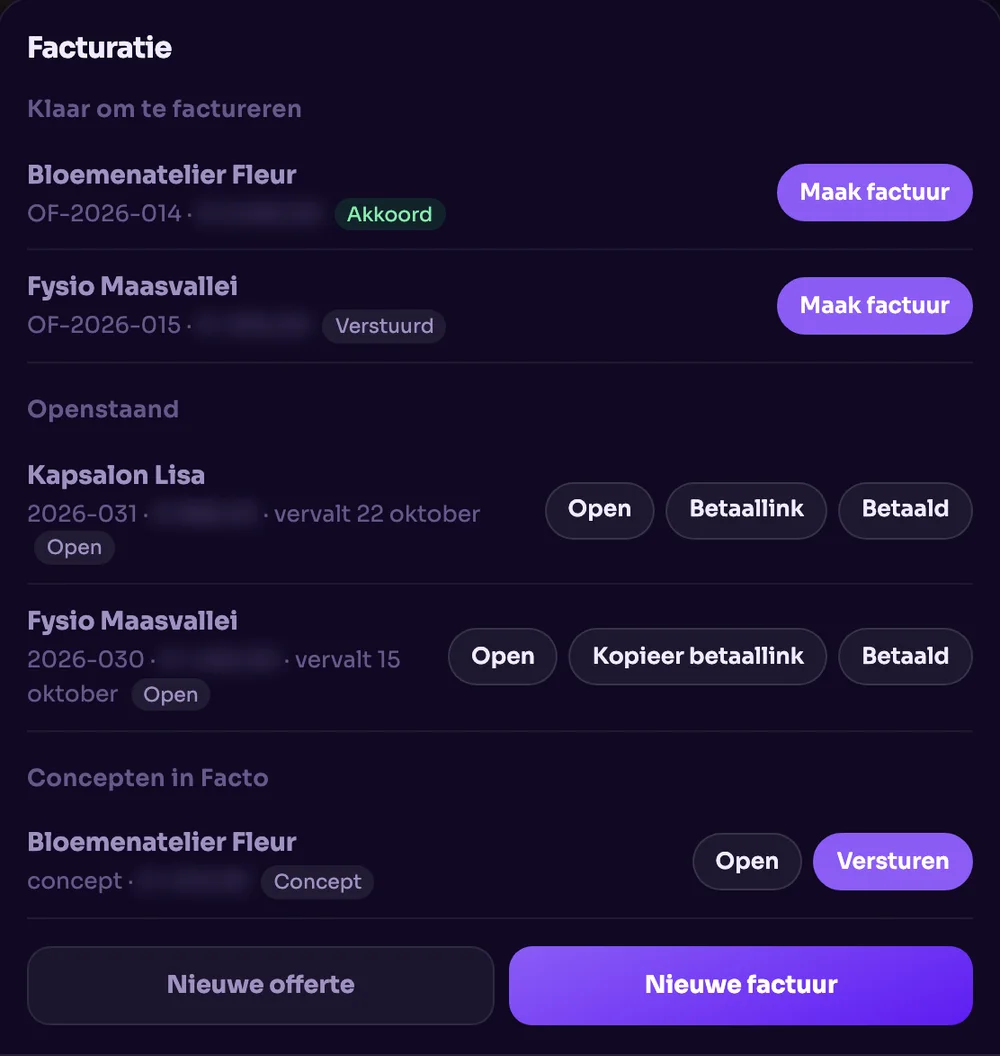 Facturatie: offertes klaar om te factureren, openstaande facturen met betaallink en een concept om te versturen. Bedragen vervaagd.