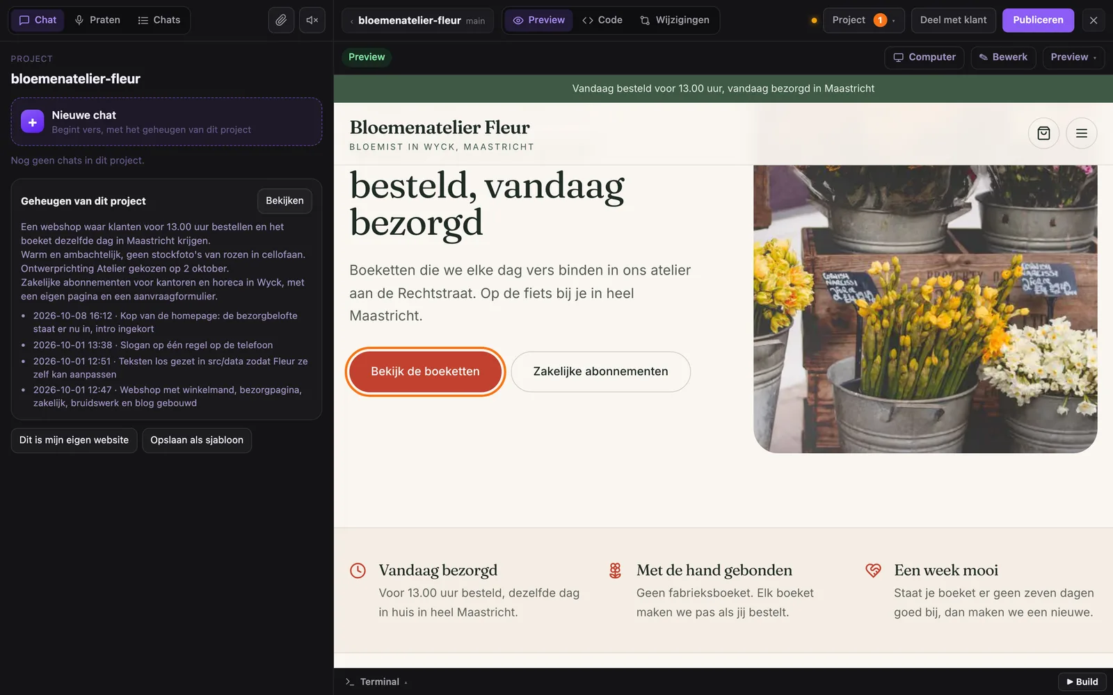 In de bouwer: het verzoek van de klant, met het aangewezen stuk omlijnd in de preview.