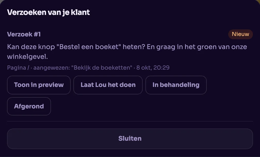 Verzoek #1 van de klant, met pagina, aangewezen stuk en de knoppen om het af te handelen.