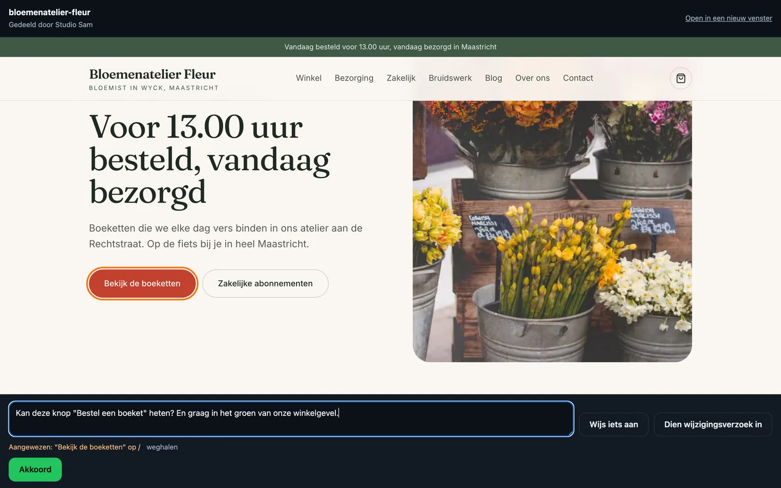 De deelpagina voor de klant: hij wijst de knop in de hero aan en typt zijn wijzigingsverzoek.