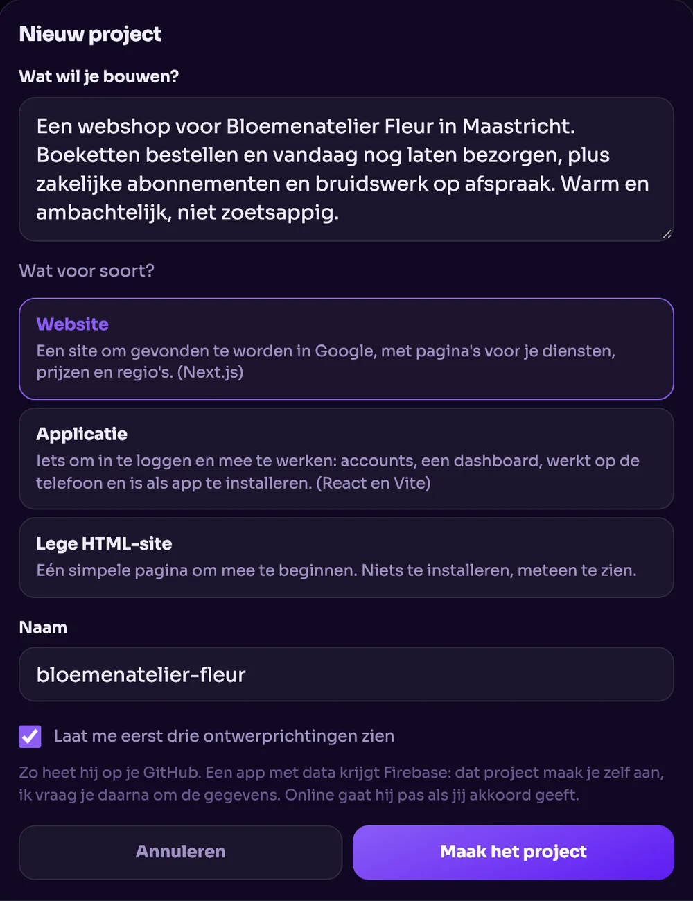 Nieuw project: wat je wilt bouwen, het soort project en de vraag om eerst drie richtingen.