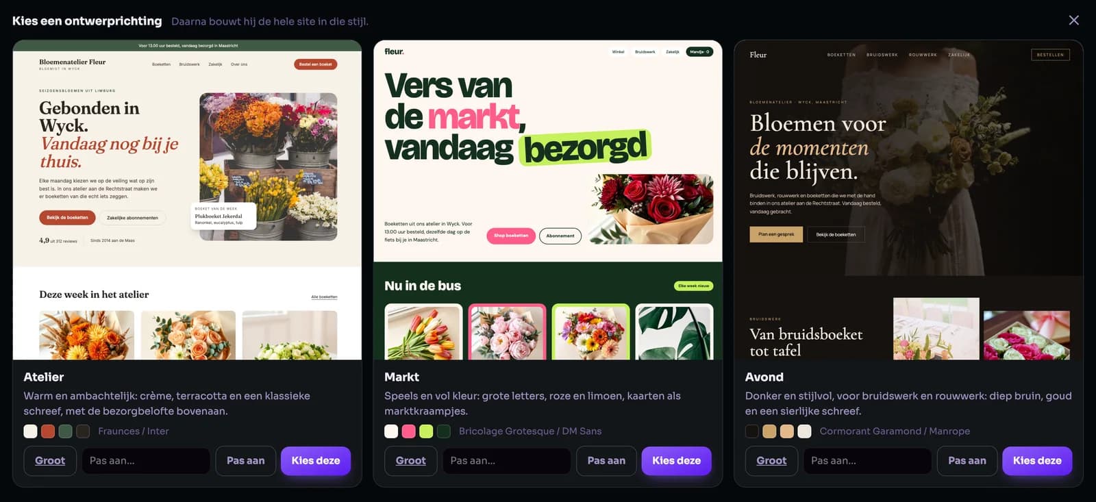 Drie ontwerprichtingen voor een bloemist naast elkaar: Atelier, Markt en Avond.