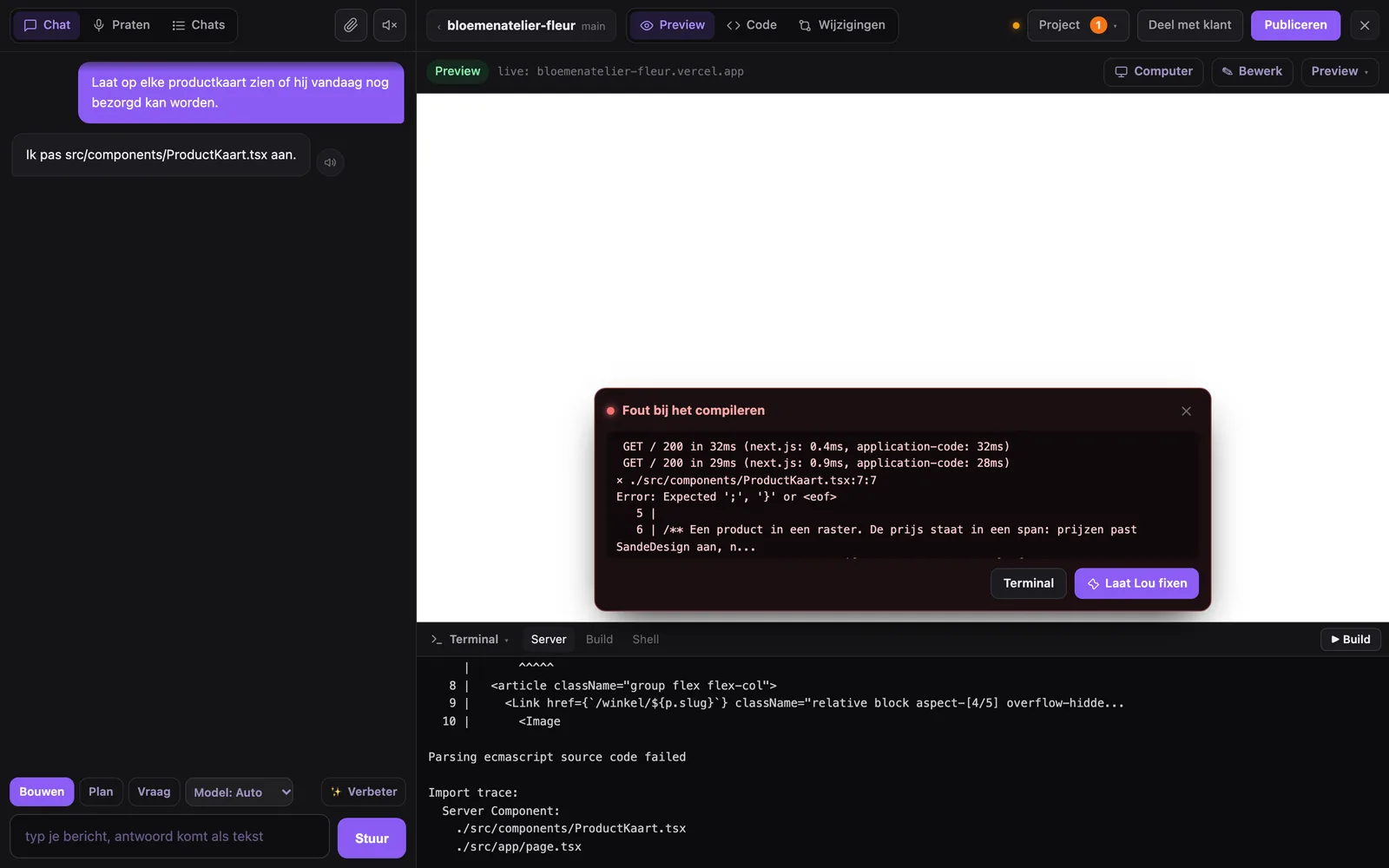 Een compileerfout in de foutbalk met Laat de assistent fixen, en de terminal eronder.