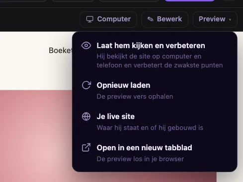 Het menu Preview open, met Laat hem kijken en verbeteren, Opnieuw laden, Je live site en Open in een nieuw tabblad.