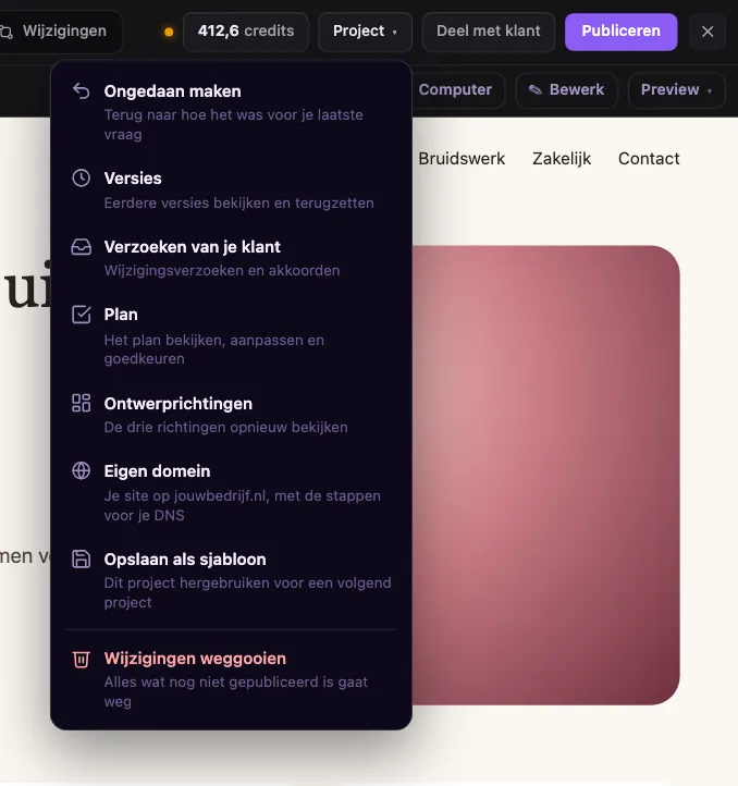 Het menu Project open, met Ongedaan maken, Versies, Verzoeken van je klant, Plan, Ontwerprichtingen, Eigen domein, Opslaan als sjabloon en Wijzigingen weggooien.