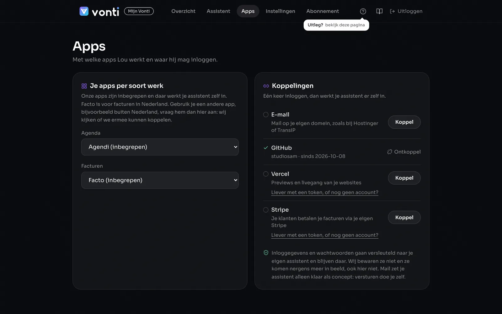 Mijn Vonti, Apps: de kaart Koppelingen met E-mail, GitHub (gekoppeld), Vercel en Stripe.