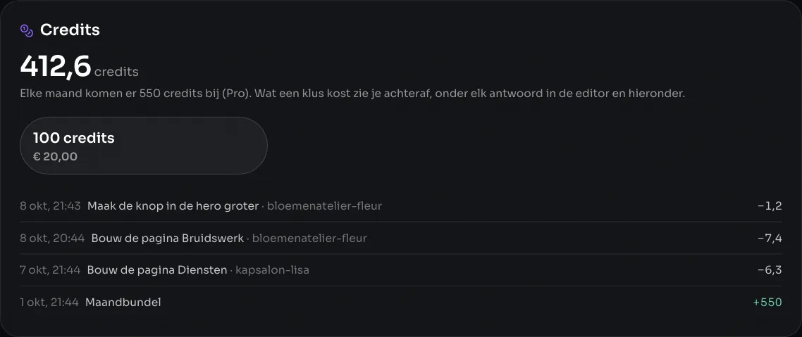 Mijn Vonti, Abonnement: de kaart Credits met saldo, de maandbundel, bijkopen en de laatste klussen.