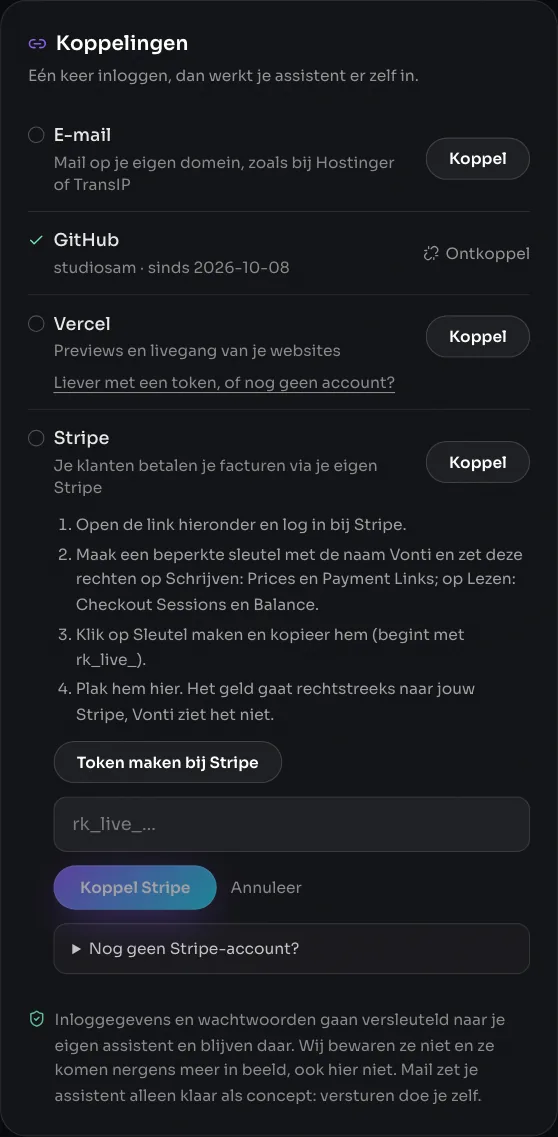 Stripe koppelen met een beperkte sleutel: de vier stappen, de knop Token maken bij Stripe en het veld voor de sleutel.