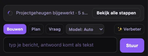 Boven de invoer: de stap van nu met Bekijk alle stappen, en de knoppen Bouwen, Plan, Vraag, Model: Auto en Verbeter.